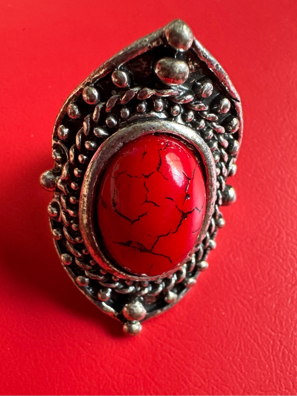 Vintage Boho Western Red Stone Statement Ring | Adjustable Silver Shield Ring - Picture 2 of 3